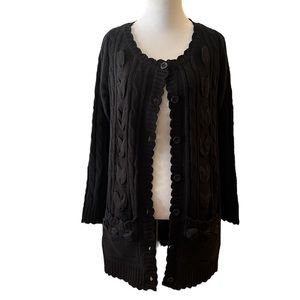 GLACIER CABLE KNIT SCALLOPED EDGE CARDIGAN BLACK SIZE LARGE